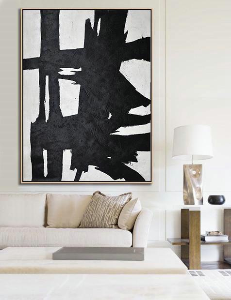 Modern Wall Art,Black And White Minimal Painting On Canvas,Modern Art Oil Painting #W4B0